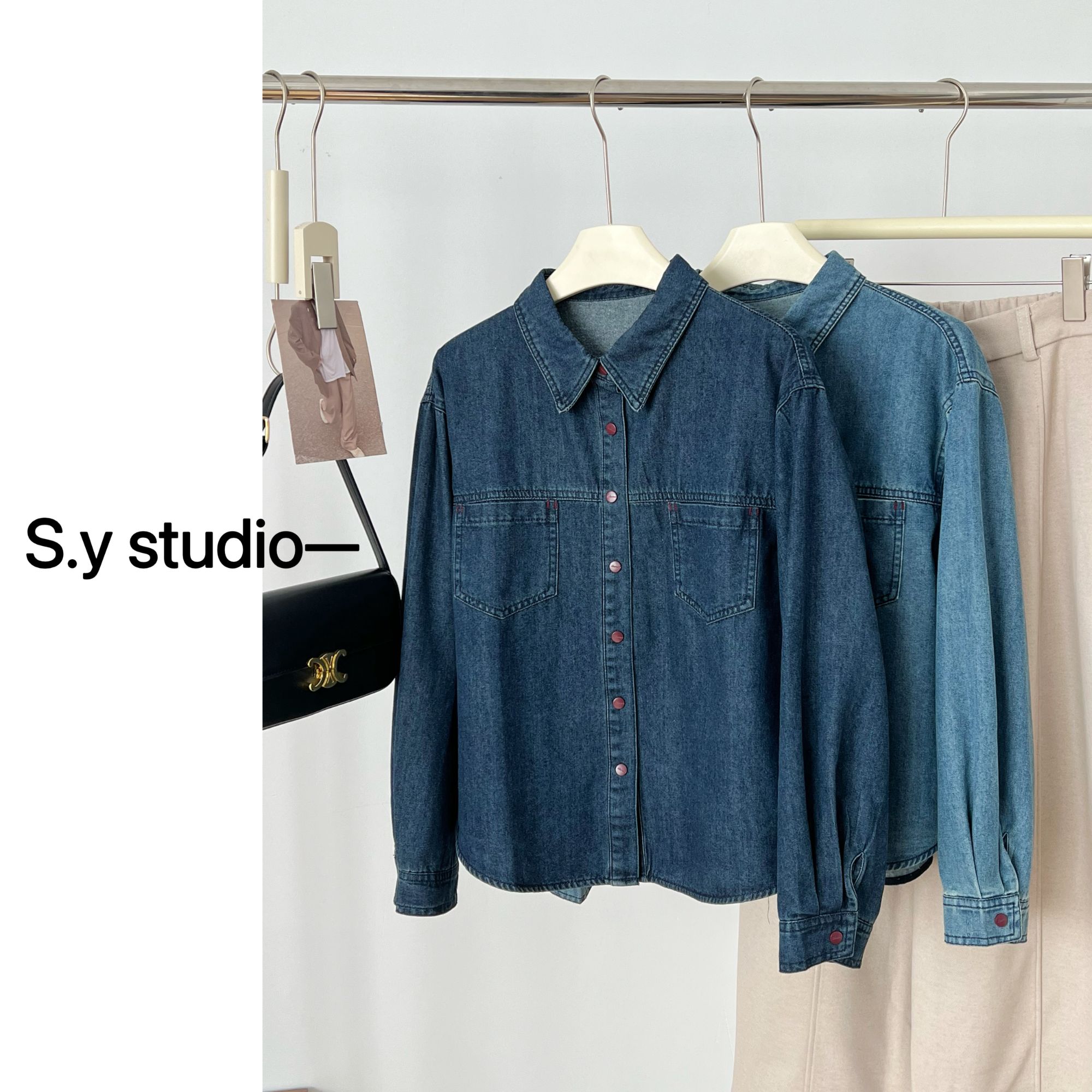 颖小颖 爆款复古减龄叠穿牛仔衬衫女休闲百搭短款抓绒牛仔衬衣