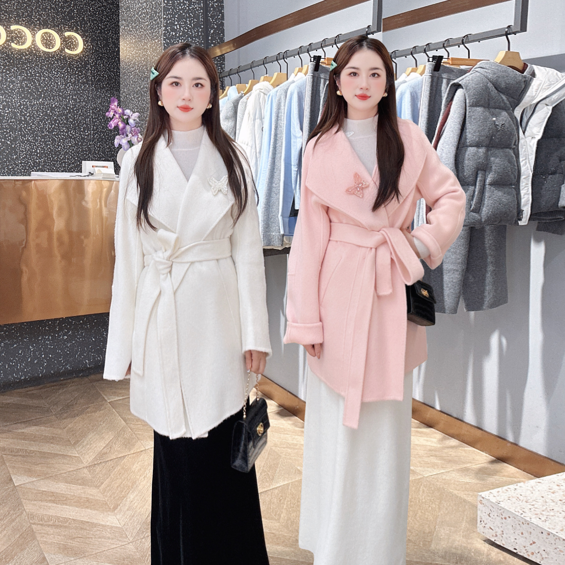 COCOON可可尼 复古系带呢外套大衣25年冬25410BF123061——4288