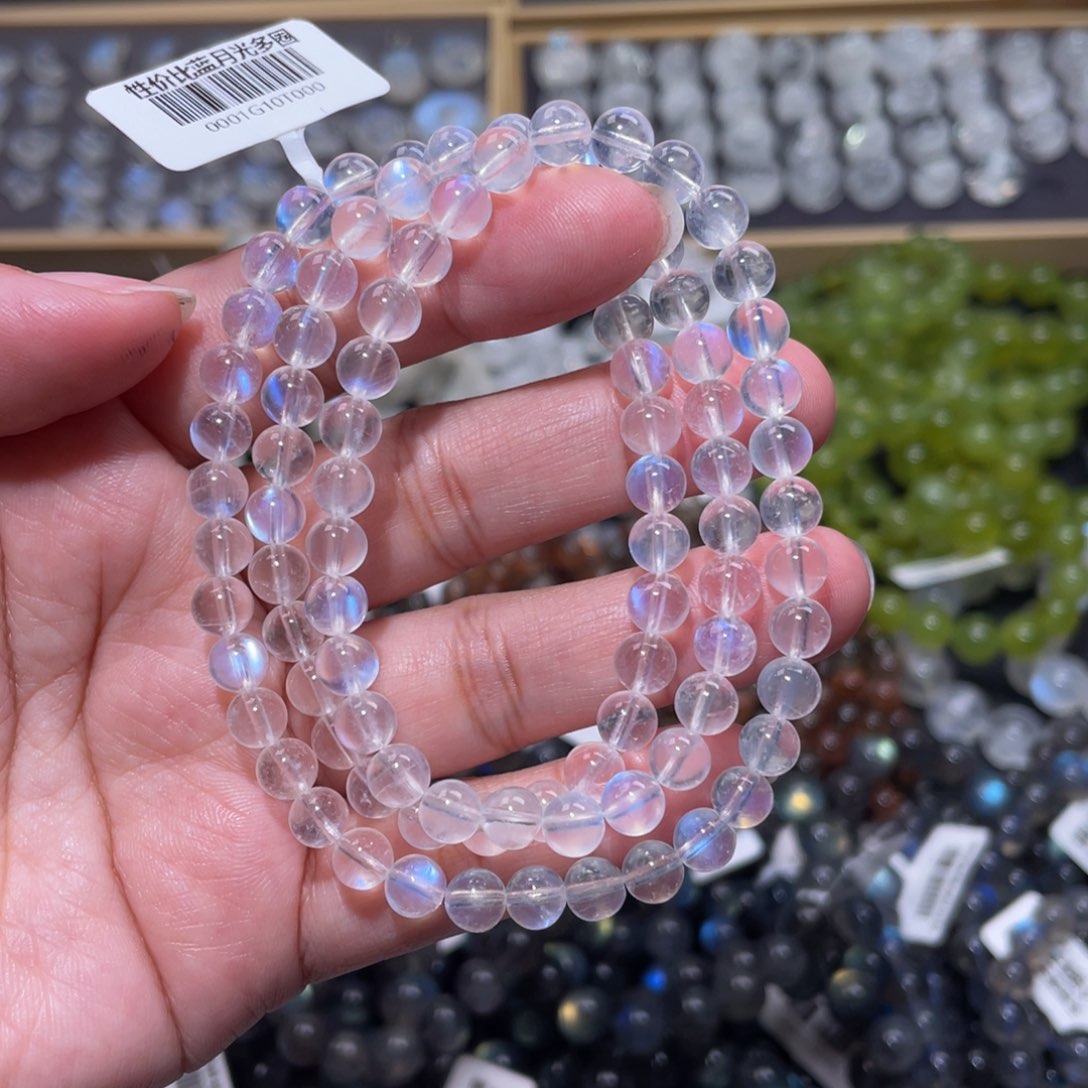 月光石手链未镶嵌冰透体蓝月光手链多圈6mm