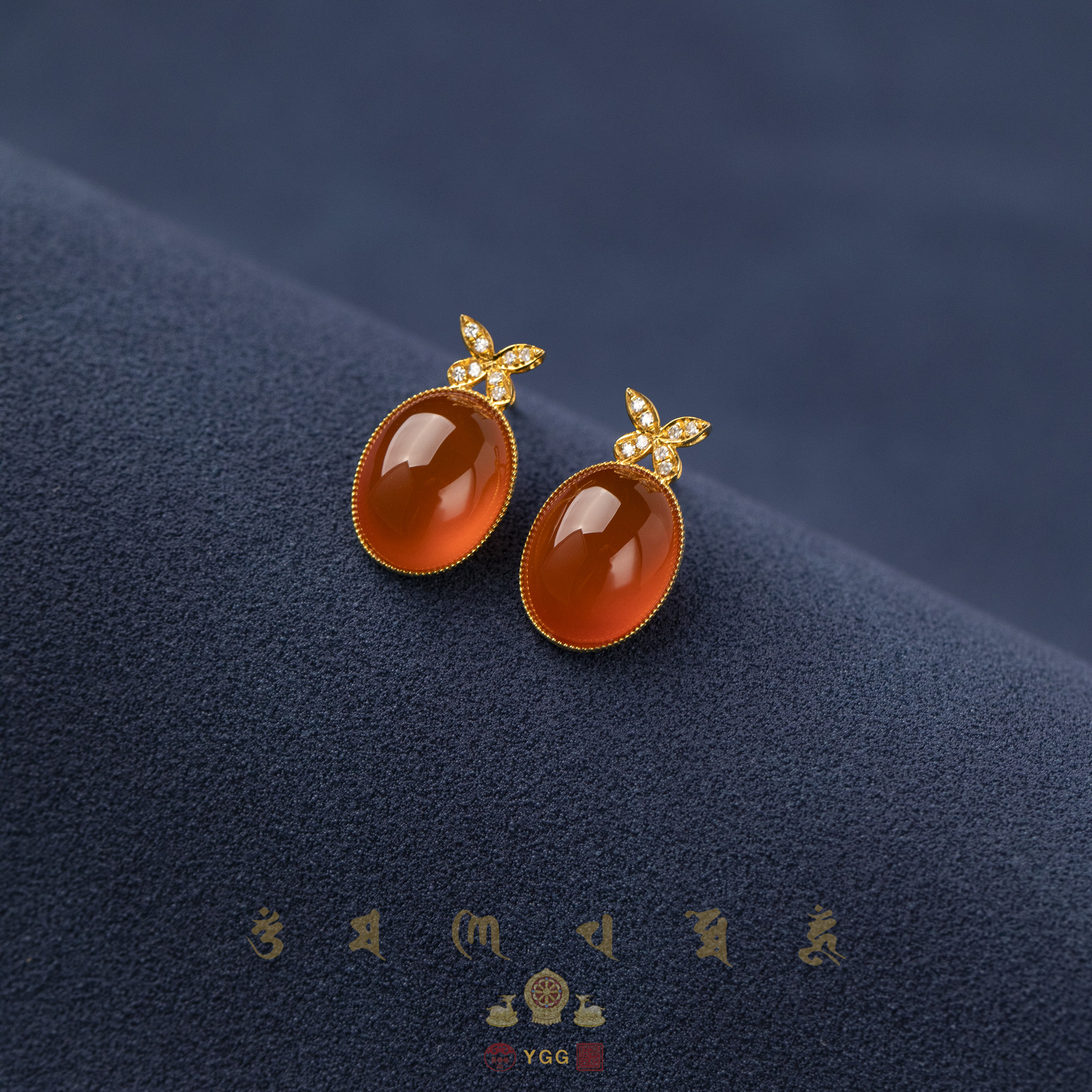 员格格【孤品】18K金蝴蝶福叠/南红冰红蛋面耳钉/SYJH30