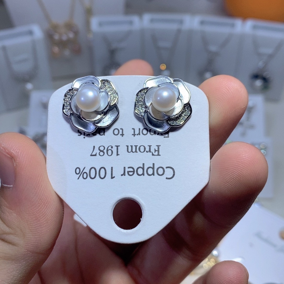 耳饰银S925镶嵌淡水珍珠