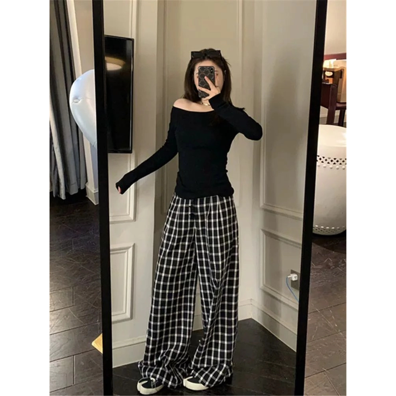 复古格子休闲裤阔腿裤四季通用格子慵懒风休闲裤秋季口袋水洗高腰
