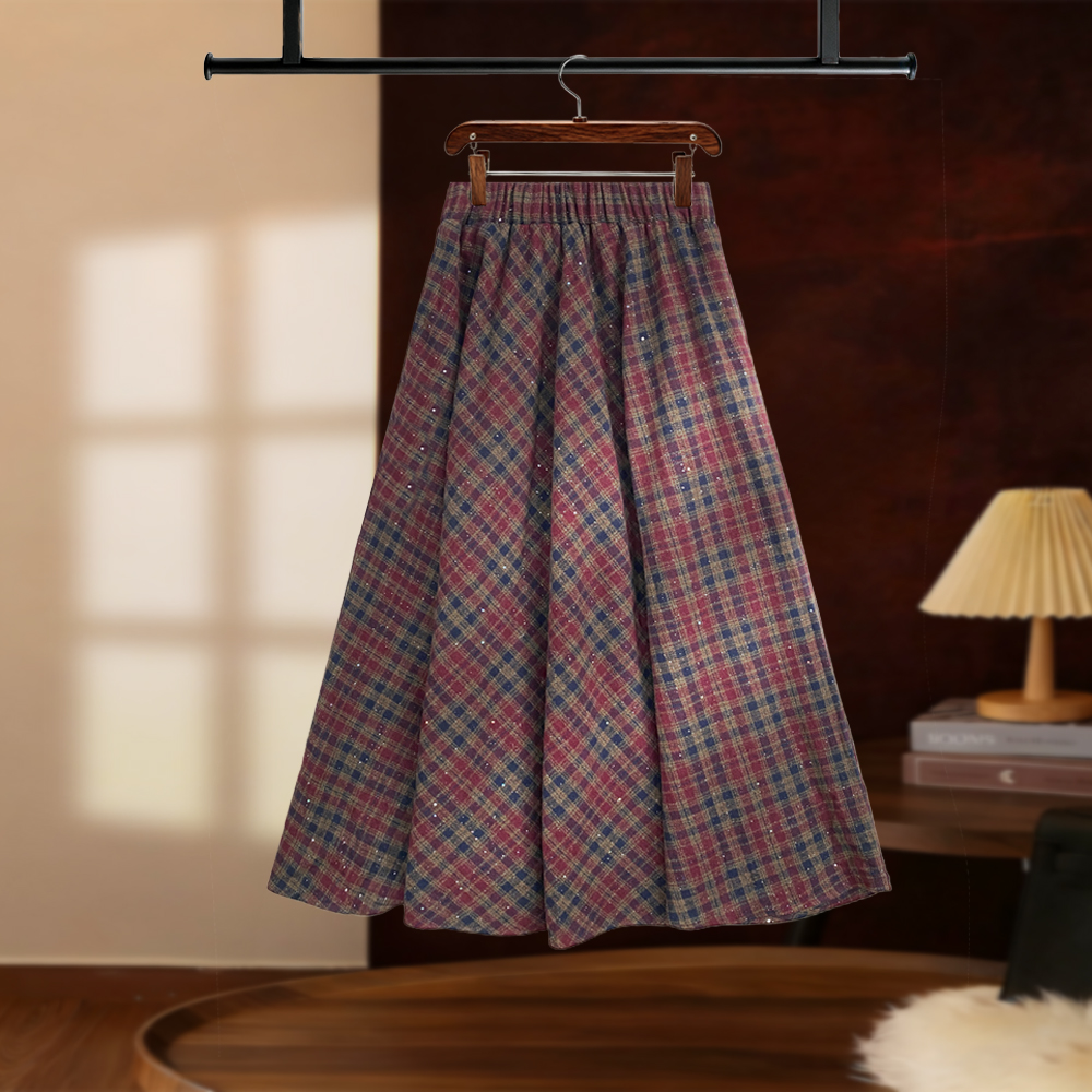 【夏夏】2025年秋季复古格子宽松垂感毛呢A字裙高腰百搭D8050