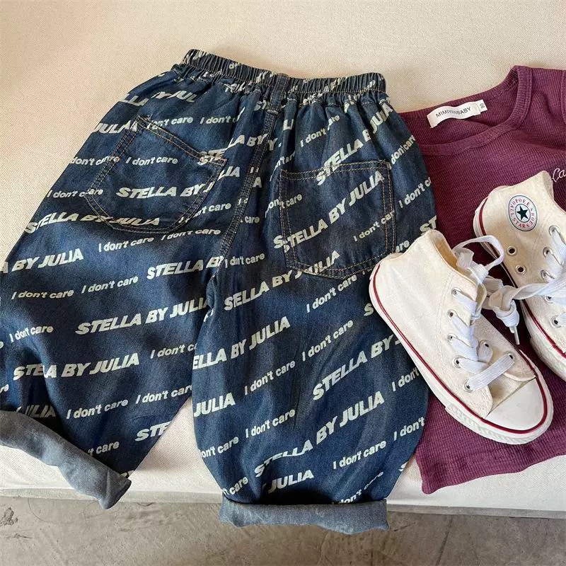 1513春夏季男女童印花薄牛仔裤