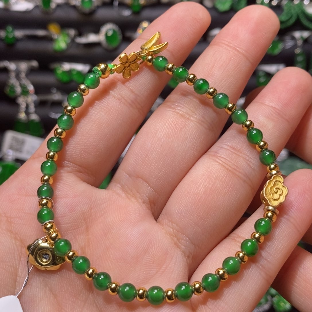 翡翠手链银S925镀金镶嵌天然翡翠