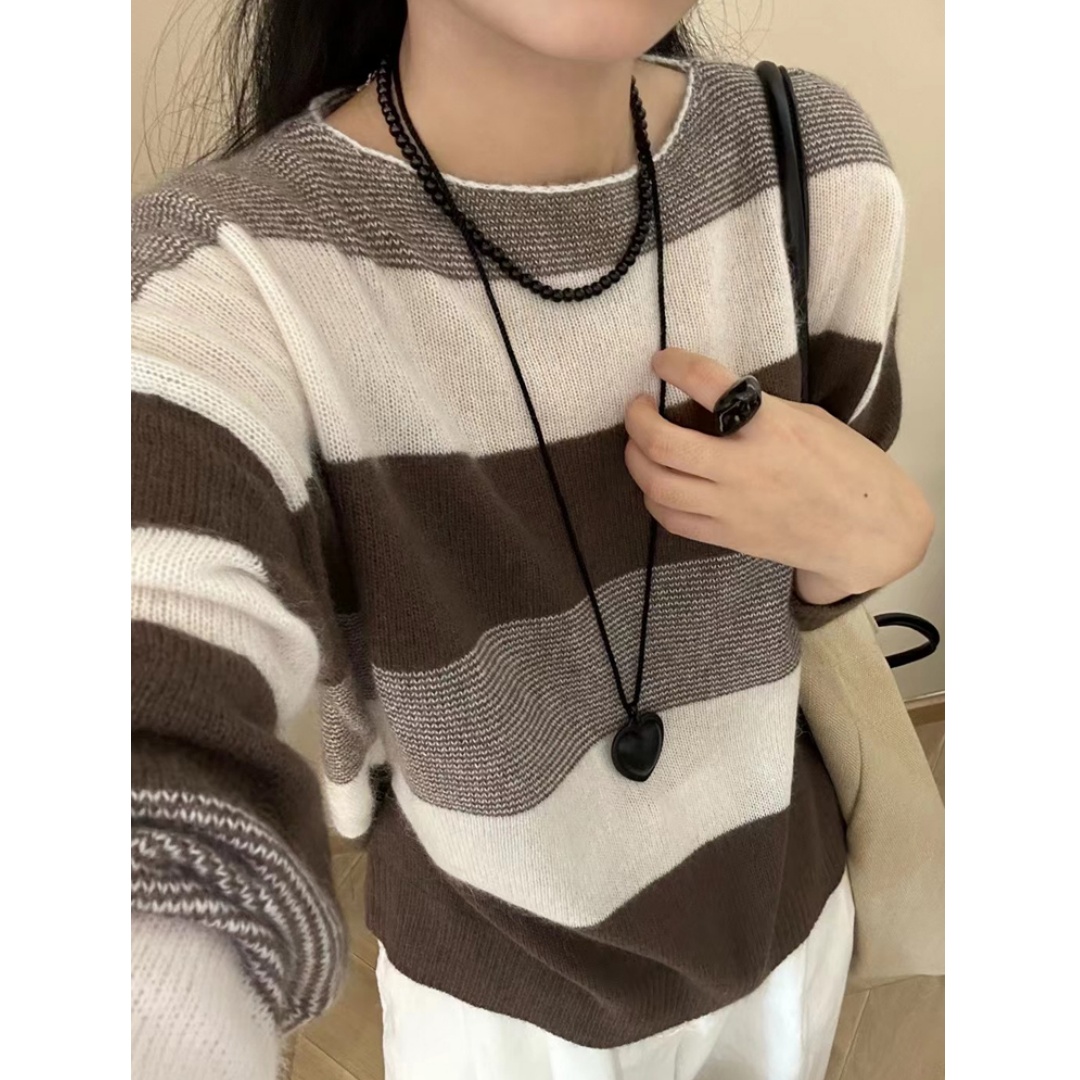 韩版慵懒风撞色条纹长袖毛针织上衣女秋冬软糯宽松毛衣3380