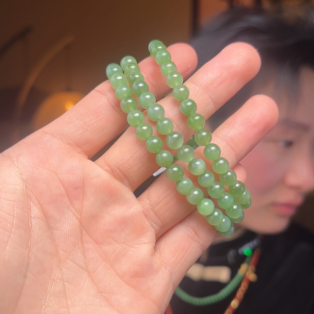 和田玉手串未镶嵌碧玉无矿点有包容有平头拍一发一
