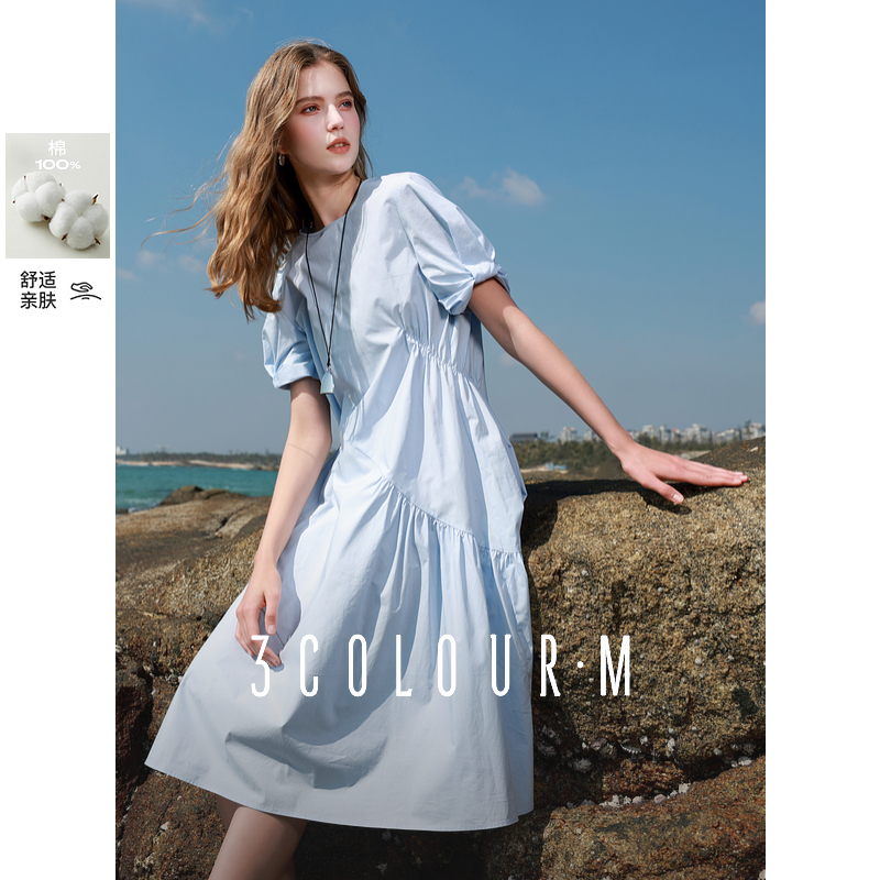 【芋总专属】三彩2025春季新款连衣裙圆领宽松A字裙褶皱中长裙dbx