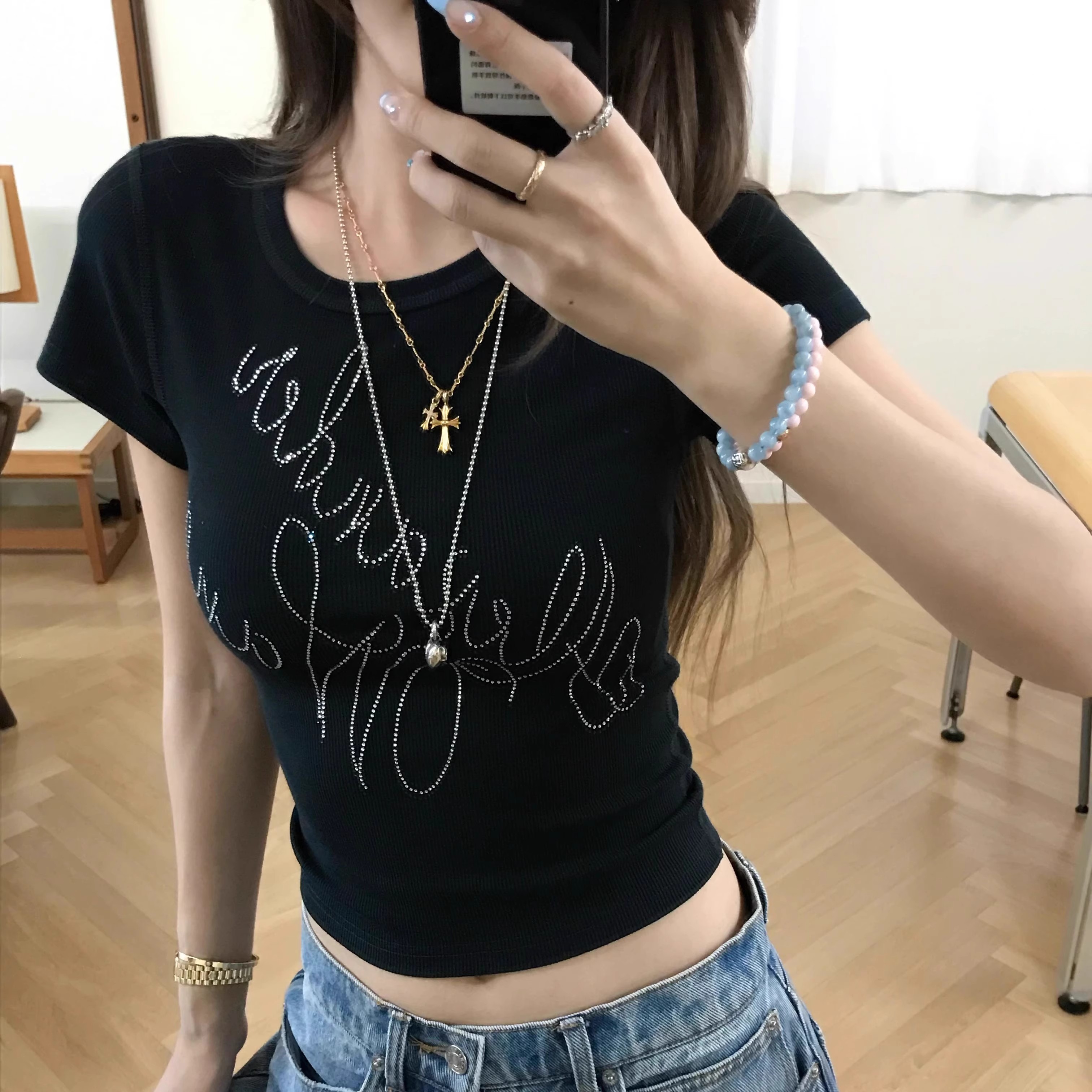 美式烫钻字母短款圆领短袖T恤女2025夏季新款收腰显瘦百搭上衣女