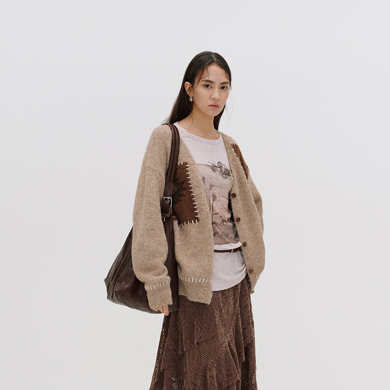 【VENA LABEL】新品25秋冬时尚宽松补丁针织开衫外套女