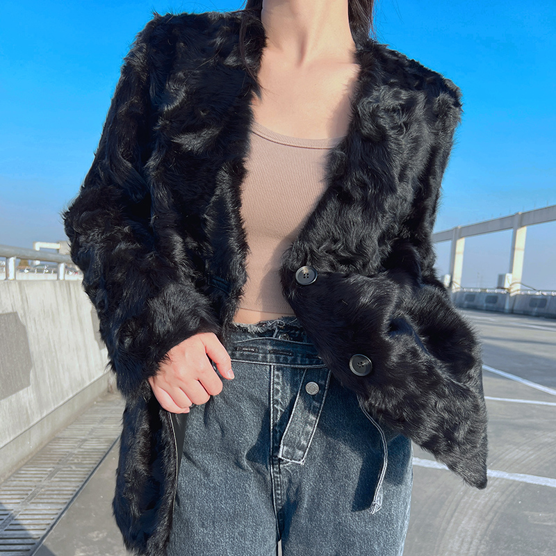 高端小湖羊毛皮毛外套女简约黑色 V领高级感时尚气质显瘦皮草大衣
