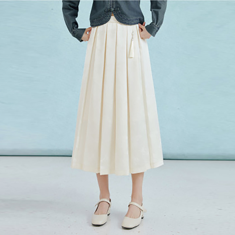 【朗文斯汀 旗舰同步】国风新中式简约气质印花百褶半身裙2025春