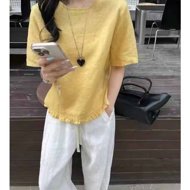 2558  高品 10 0亚麻韩系圆领短袖