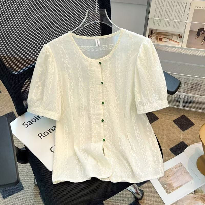 女2025夏季纯棉提花短袖衬衫绣花时尚潮流蕾丝上衣