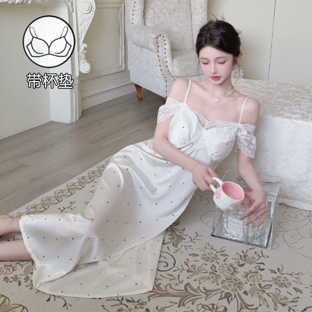 新款夏季波点吊带蕾丝无袖带杯垫中长裙甜美气质丝柔透气女裙2359