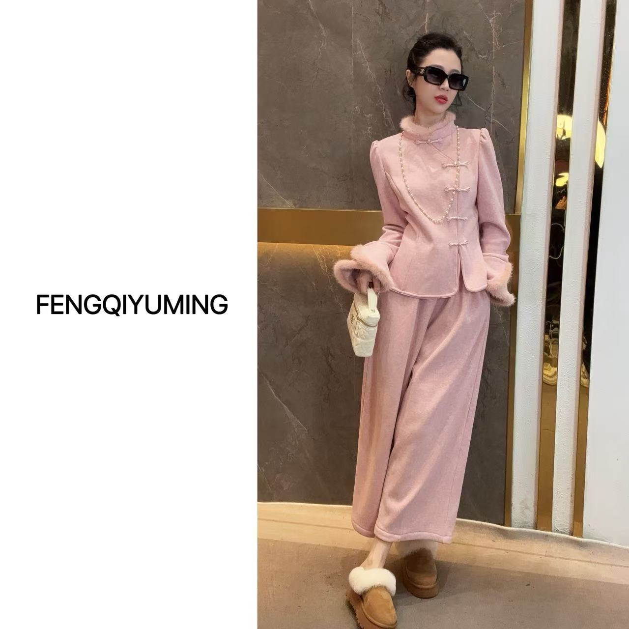 【桃夭映雪】新中式水貂毛显瘦气质时尚秋冬加绒加厚收腰羊毛套装