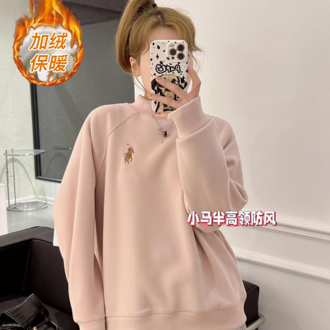 加绒加厚【双面澳粒绒”刺绣战马“卫衣】半高领宽松休闲时尚24205