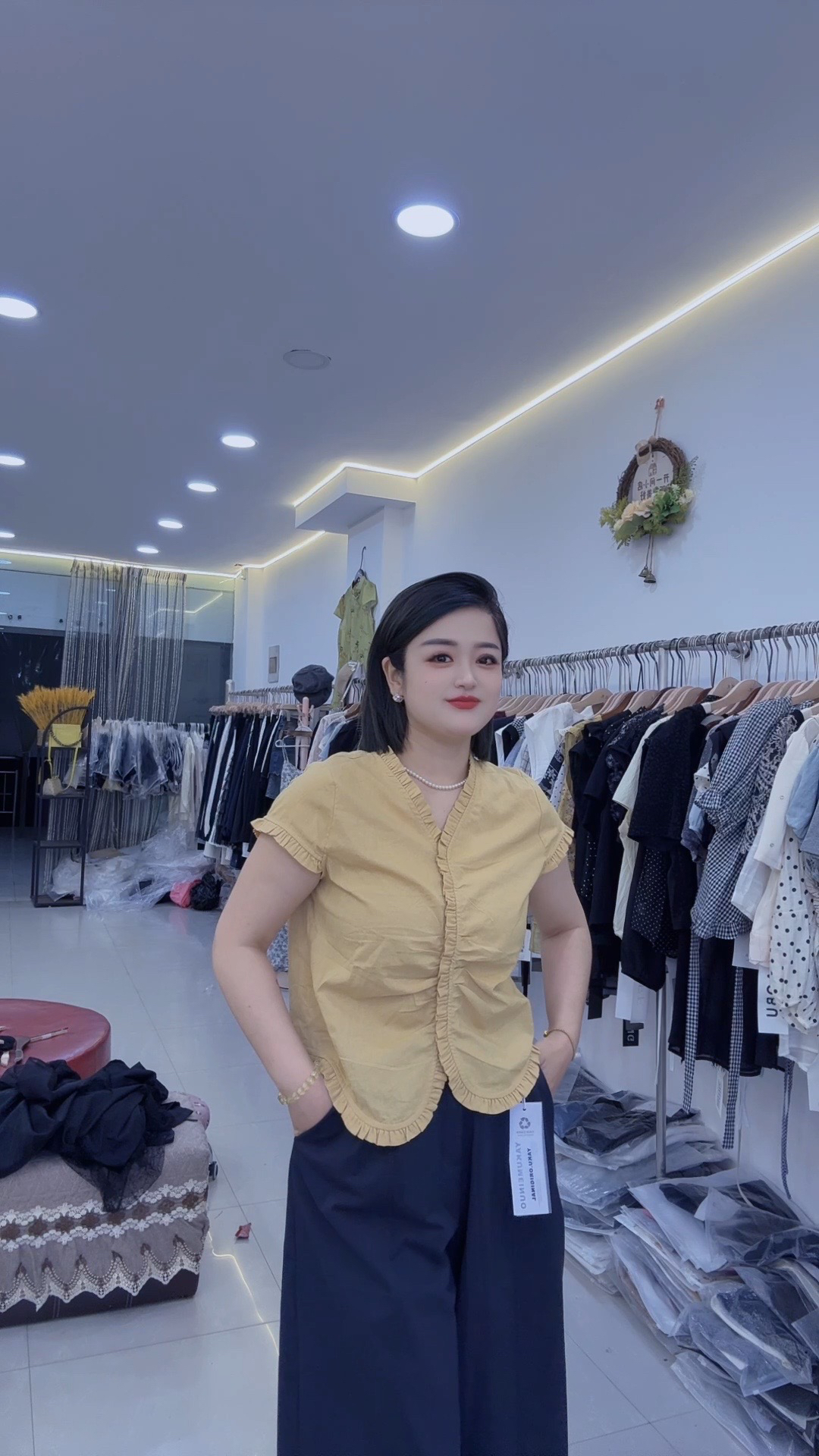 【遇见】苎麻V领褶皱木耳边短袖（会欲缩。介意慎拍）