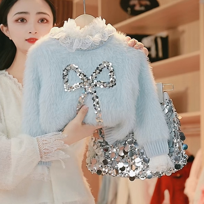 【媛媛妈专属】秋冬季女童新款洋气针织上衣小女孩甜美蝴蝶结毛衣