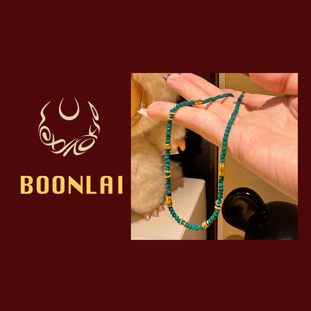 铜合金项链 Boonlai 绿色珠珠金色配件项链1306