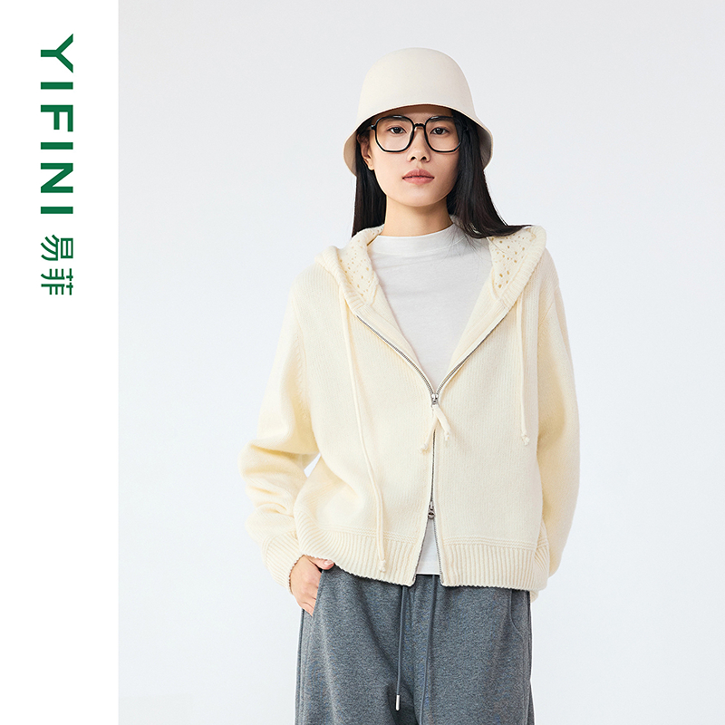 【Yifini】新款复古连帽钩花宽松短款毛织开衫D10T3907