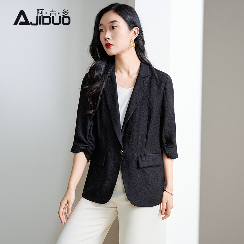 阿吉多黑色西装外套女2025新款夏季提花西服休闲时尚通勤大码上衣