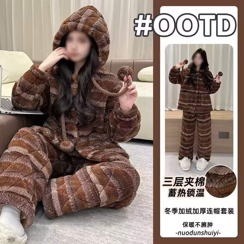 冬季棕色长毛绒睡衣女珊瑚绒三层夹棉加绒加厚保暖外穿家居服套装