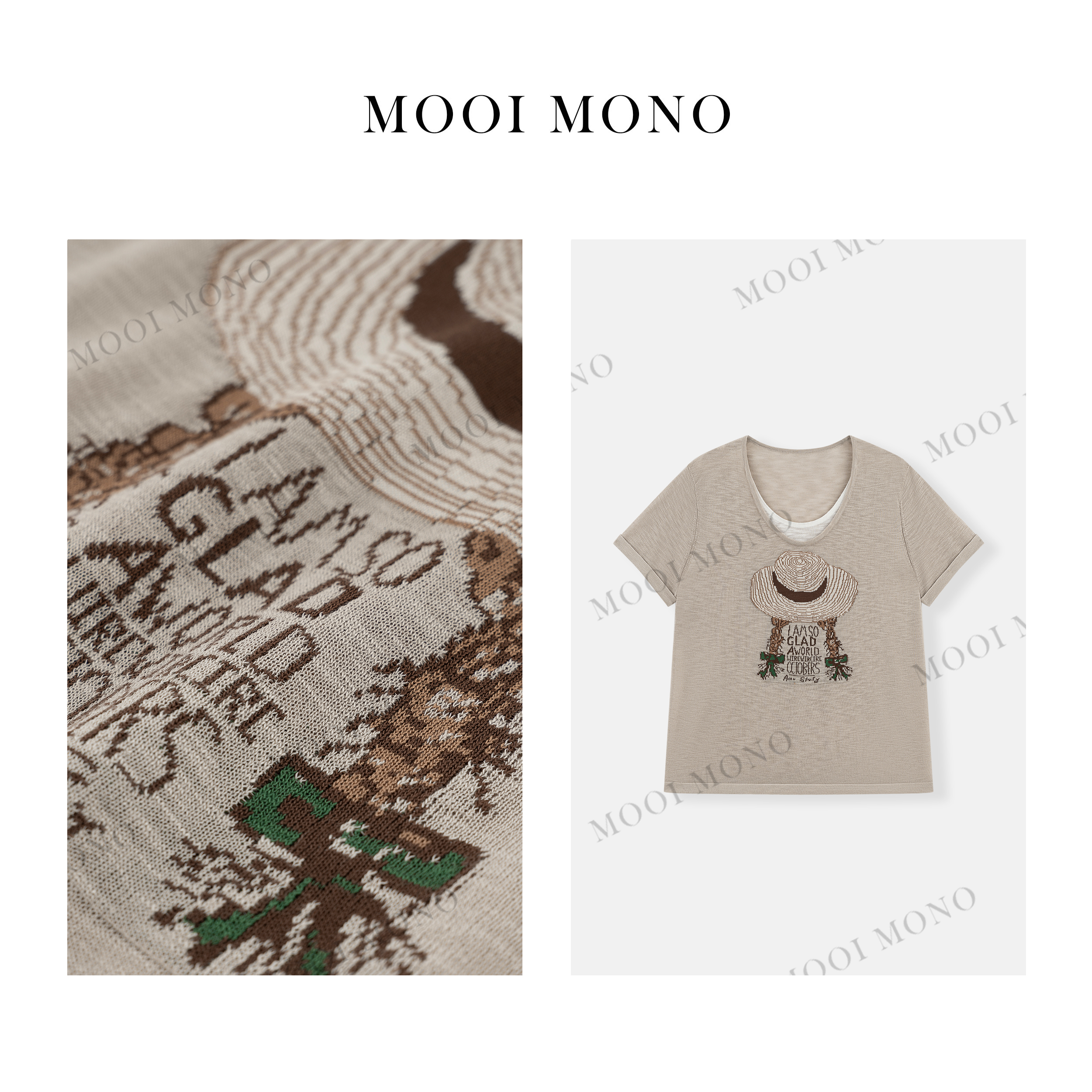 MOOI MONO"草帽女孩"休闲风显瘦宽松气质鹅蛋领假两件短袖Z815L52