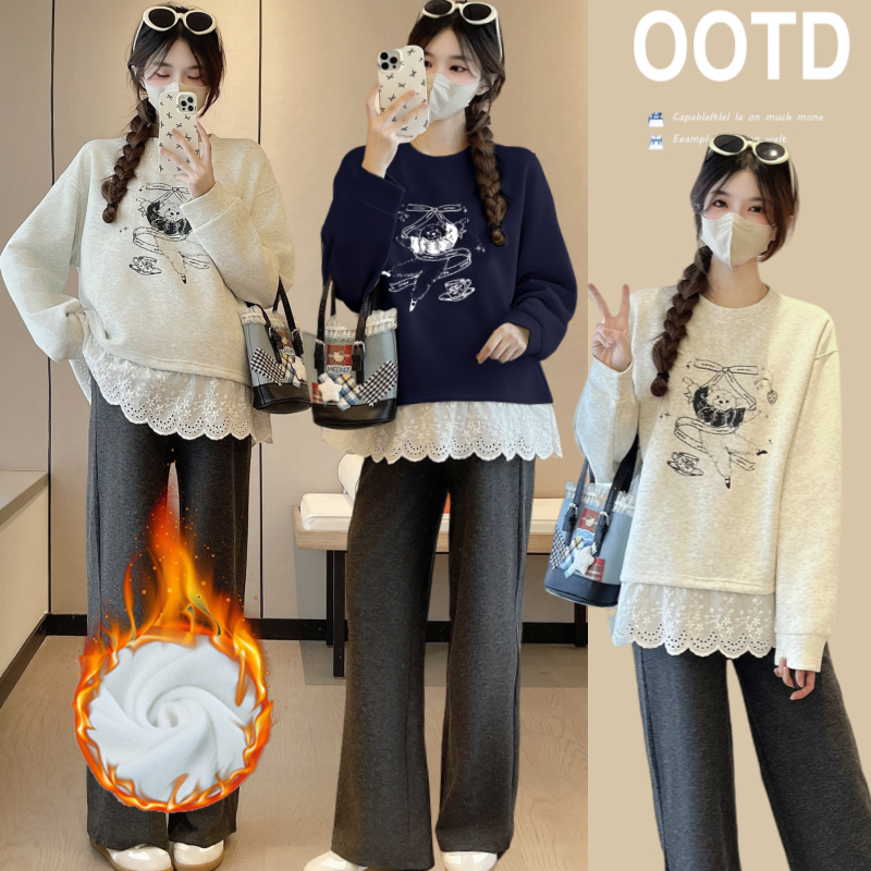 【伊伊】孕妇装2025新款时尚显瘦韩系宽松蕾丝花边卡通小熊卫衣