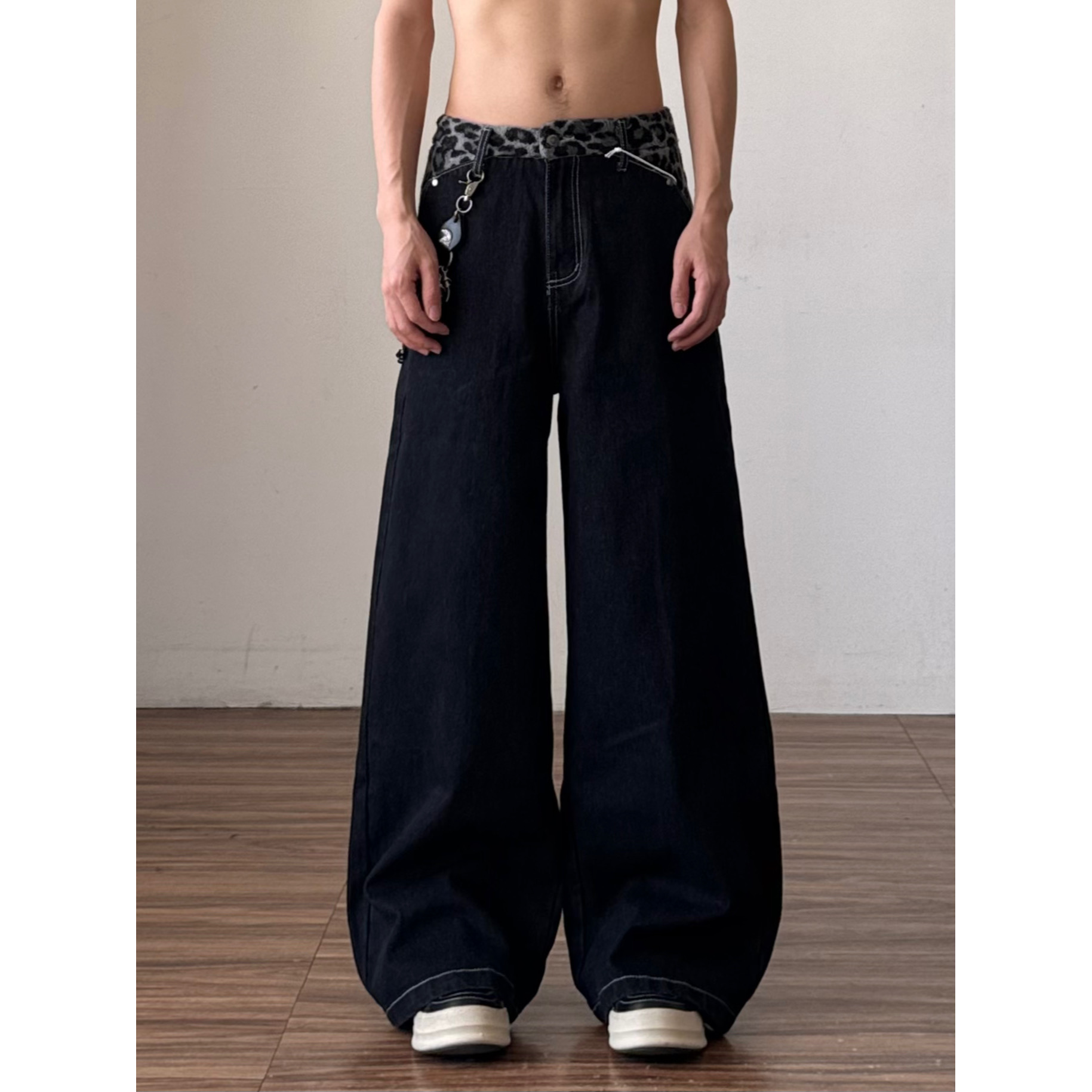 秋冬美式豹纹牛仔低腰假两件cleanfit休闲直筒微喇裤子裤子5873