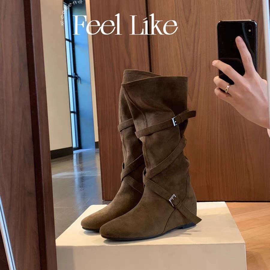 靴子穿搭明星同款增高6cm韩系圆头扣带百搭柔软褶皱显瘦中筒靴女