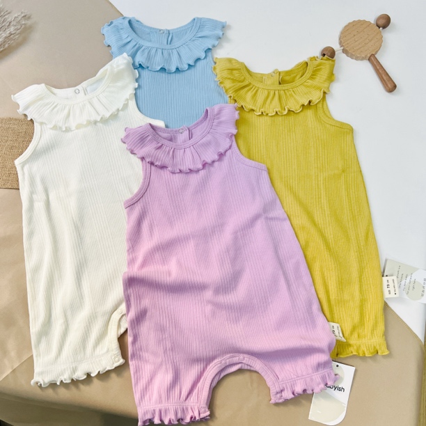 夏季女无袖爬服夏季舒爽棉哈衣夏装花边针连体衣