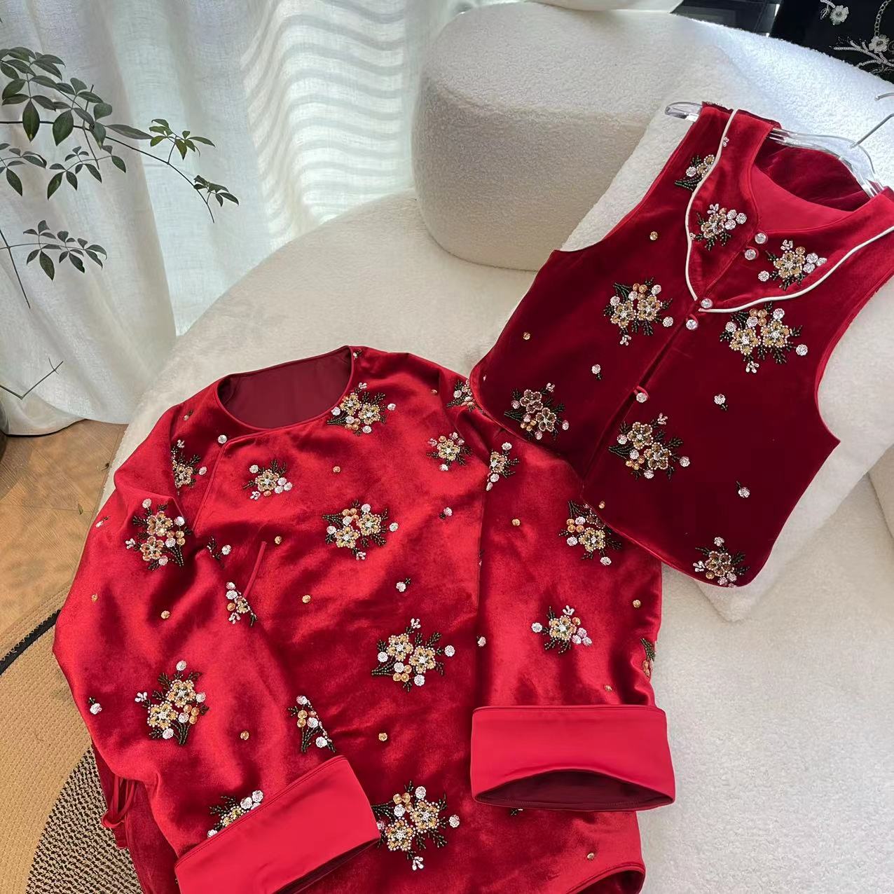 【喜儿定制】冬季新款新中式设计师时尚红色中国风马甲棉服汉服外套