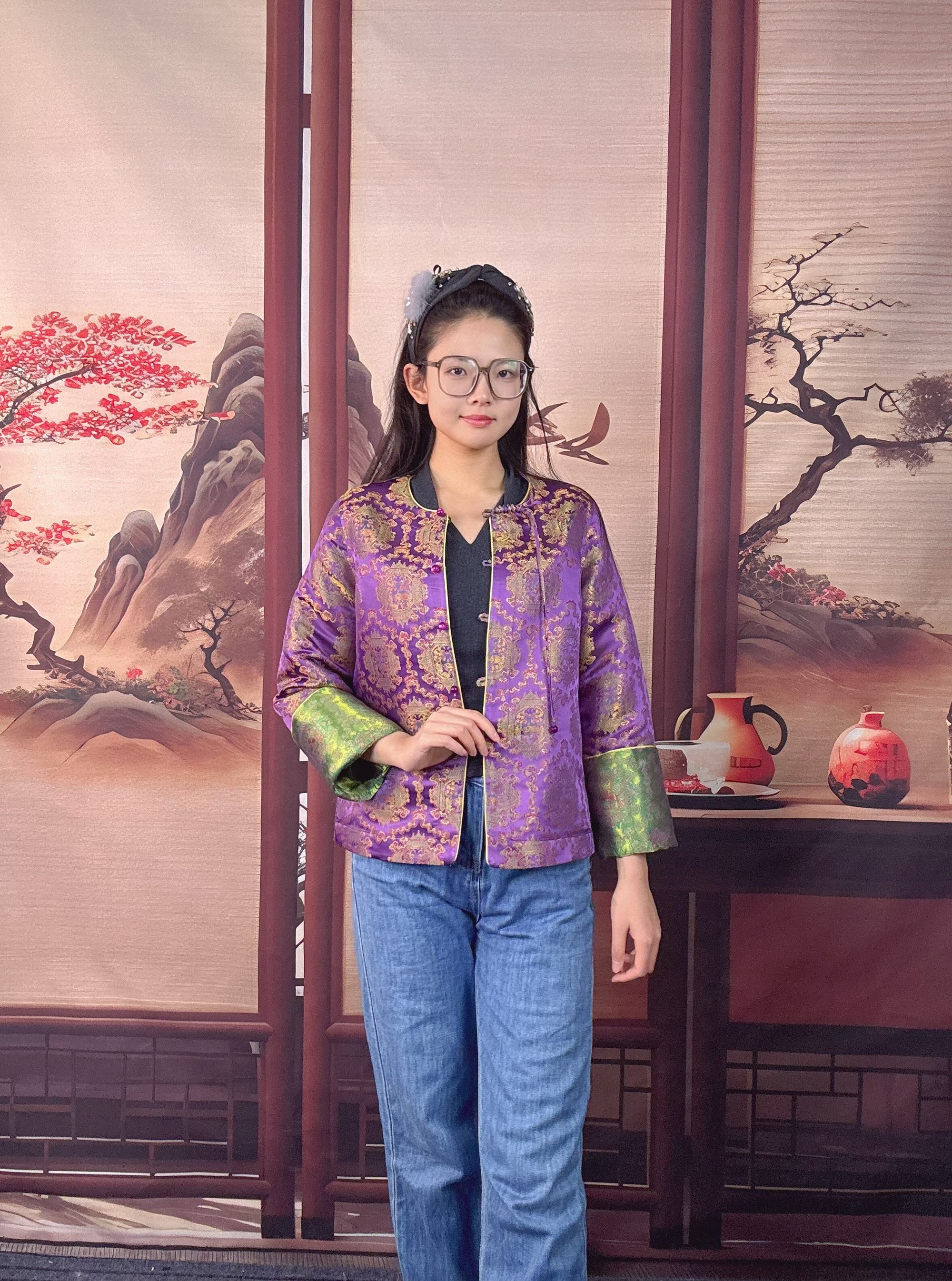 双面双穿幻彩光泽云锦上衣外套重工中国风圆领长袖撞色