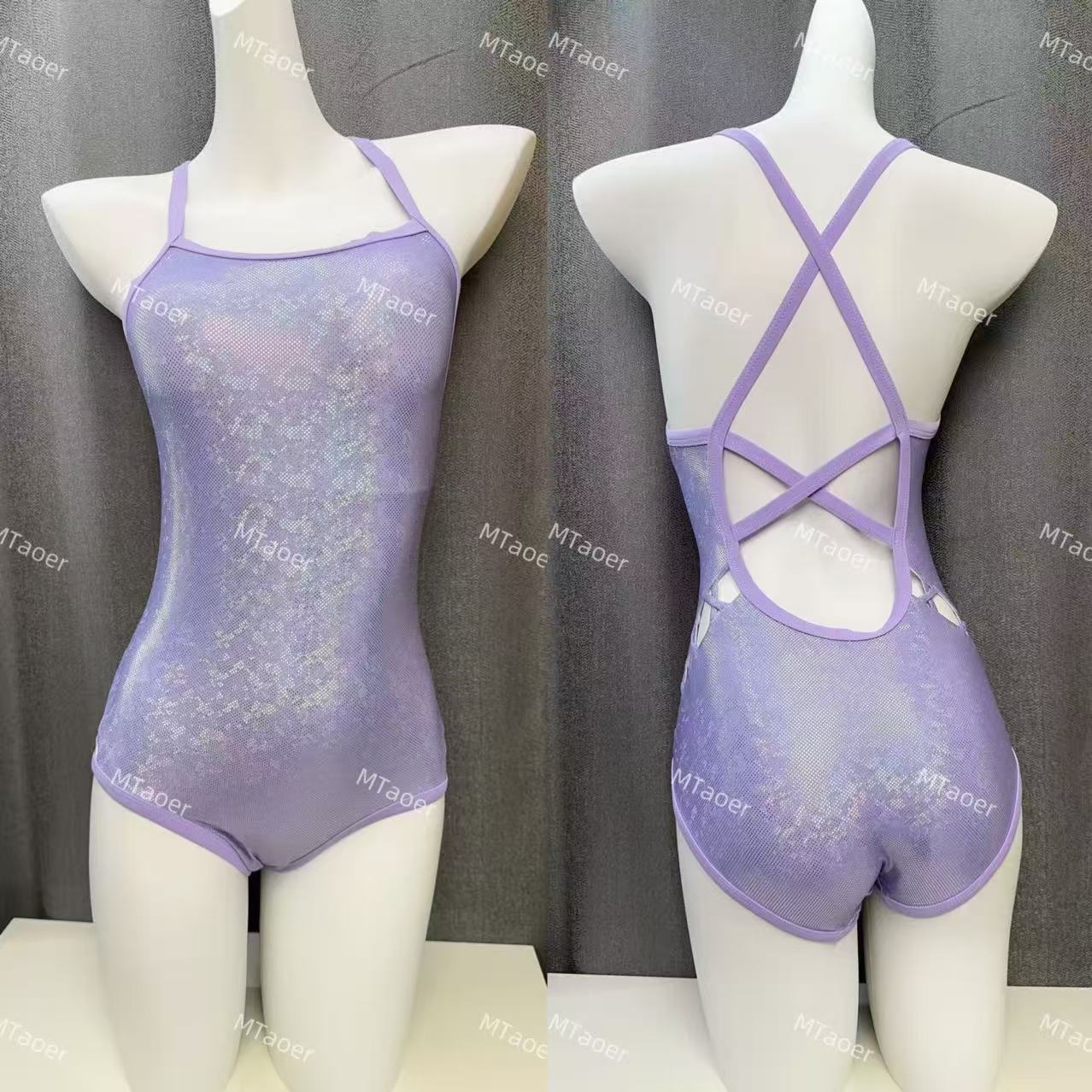MTaoer【紫水晶】紫色烫金连体竞速泳衣女显瘦遮肚泡温泉游泳馆专用