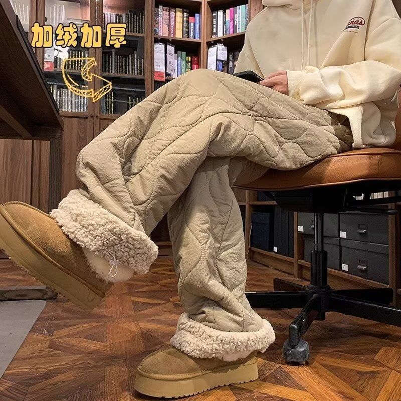 东北防风防寒超厚加绒保暖拼接时尚直筒男款羊羔绒棉裤纯色黑绿粉