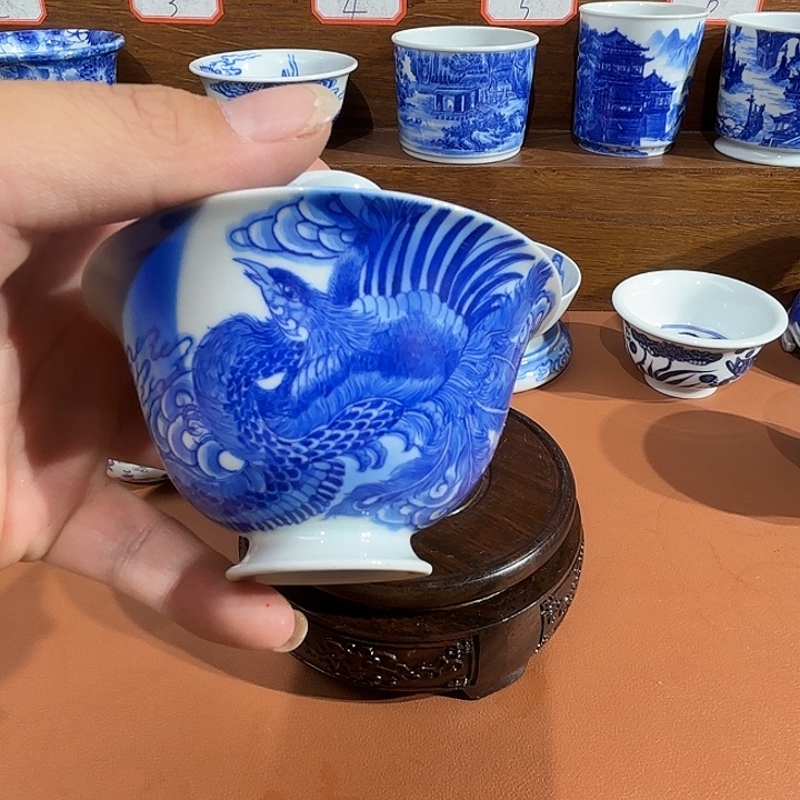 青花手工手绘凤盖碗