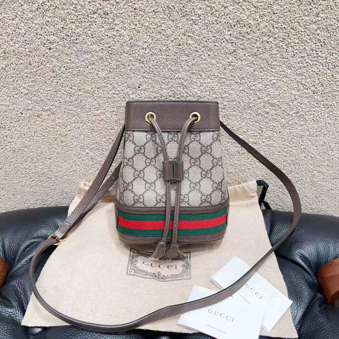 99新 GUCCI/古驰 Ophidia 复古老花Logo条纹织带抽绳迷你小水桶