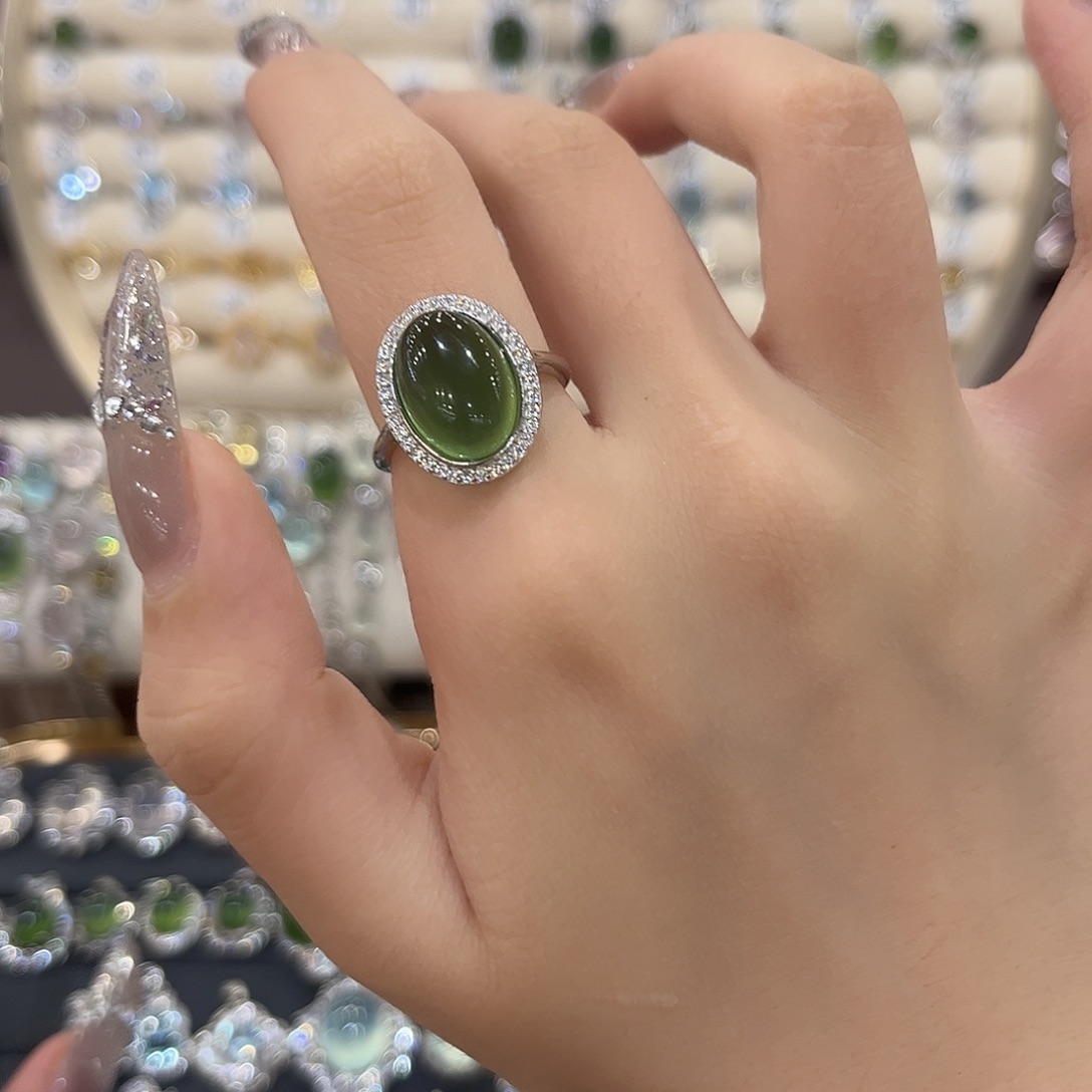 婷***吖蛇纹石玉银S925镶嵌女款戒指