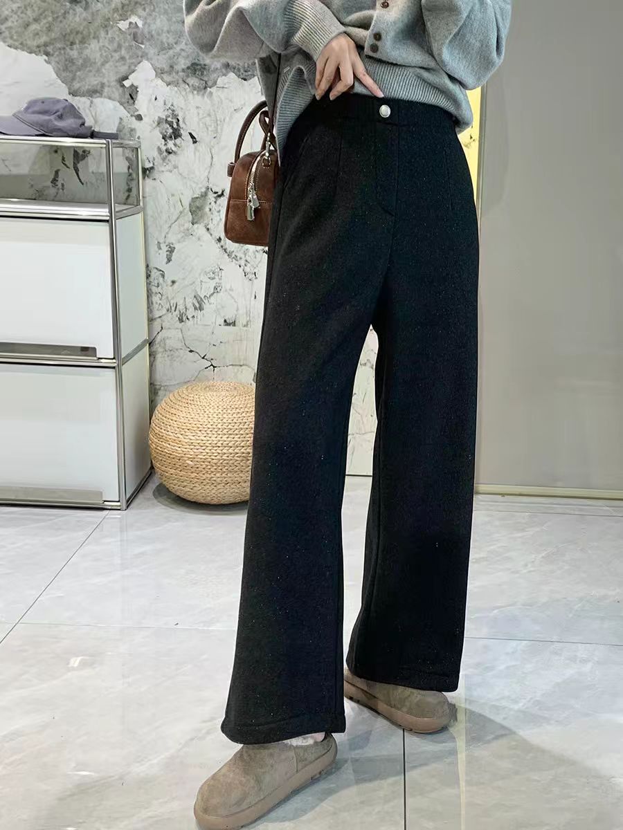 226款唐女一粒扣雪狐绒阔腿裤高腰直筒裤时尚灰色休闲裤Y