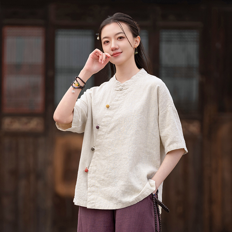 夏季苎麻中国风立领偏襟T恤盘扣棉麻禅意茶服衬衫女短袖复古上衣