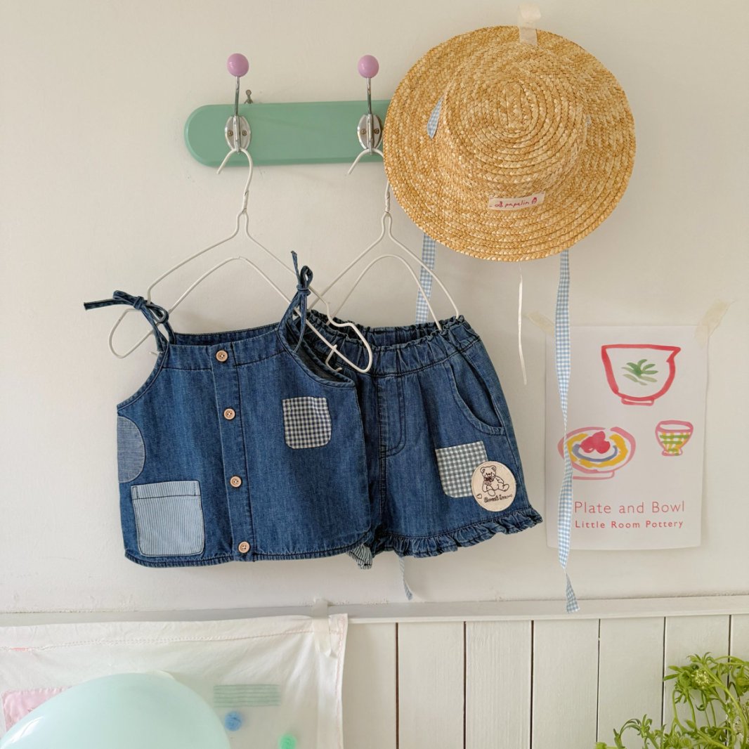 XM-713-儿童百搭吊带百搭格子口袋短裤套装（夏款）