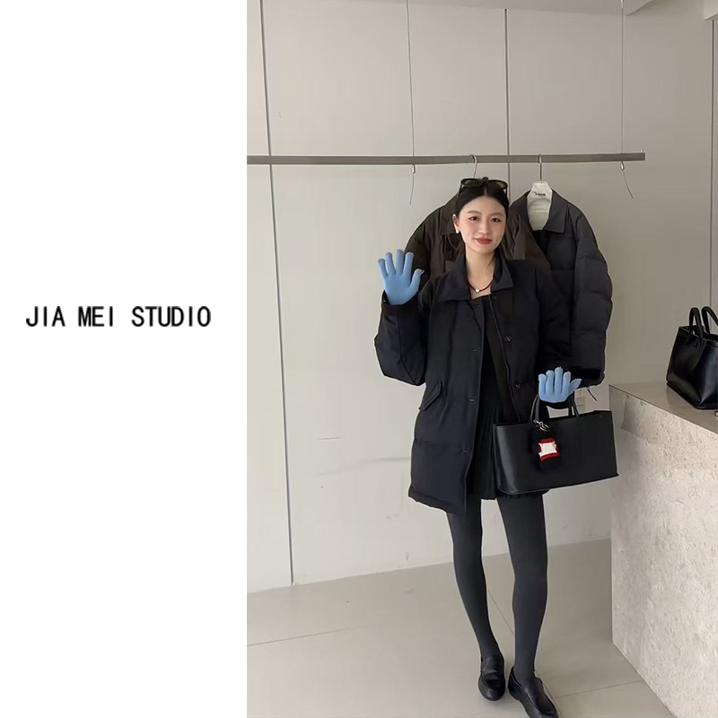 A248韩系撞色灯芯绒翻领90羽绒服女2025冬火宽松小个子外套派克服