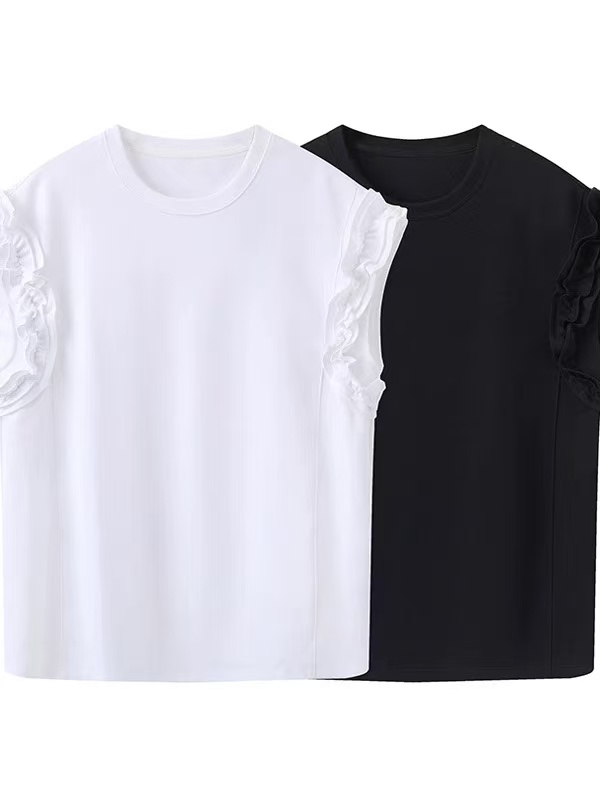 艾家商场同款新款夏装圆领宽松纯色显瘦泡泡袖百搭T恤上衣