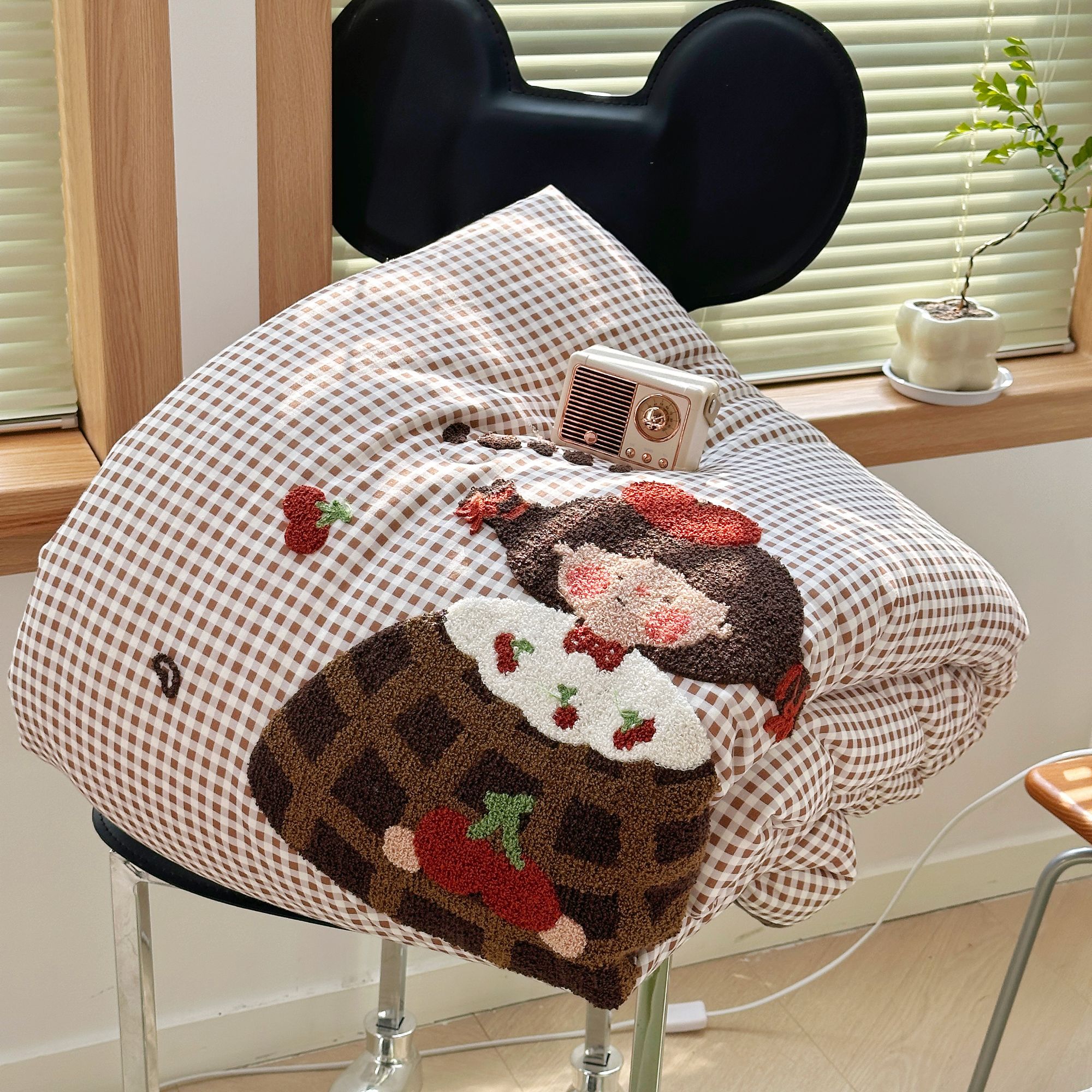 小玲子家纺 格子女孩 100棉双层纱毛巾绣春秋被A类全棉双人冬被