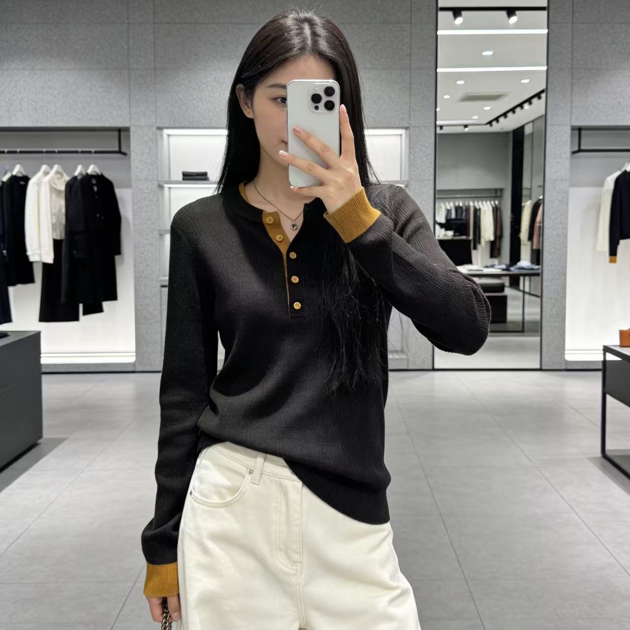 醋酸羊毛！胸84-140长60半开领拼色时尚通勤穿搭长袖针织上衣 4799