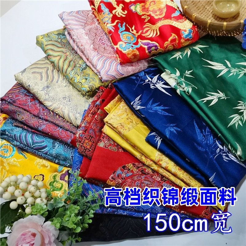 织锦缎提花丝绸布料缎面国风古装汉服水波纹黑色旗袍服装面料