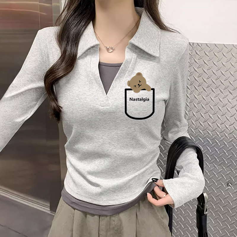 polo衫打底撞色拼接美式气质假两件长袖T恤女百搭遮肉别致上衣服