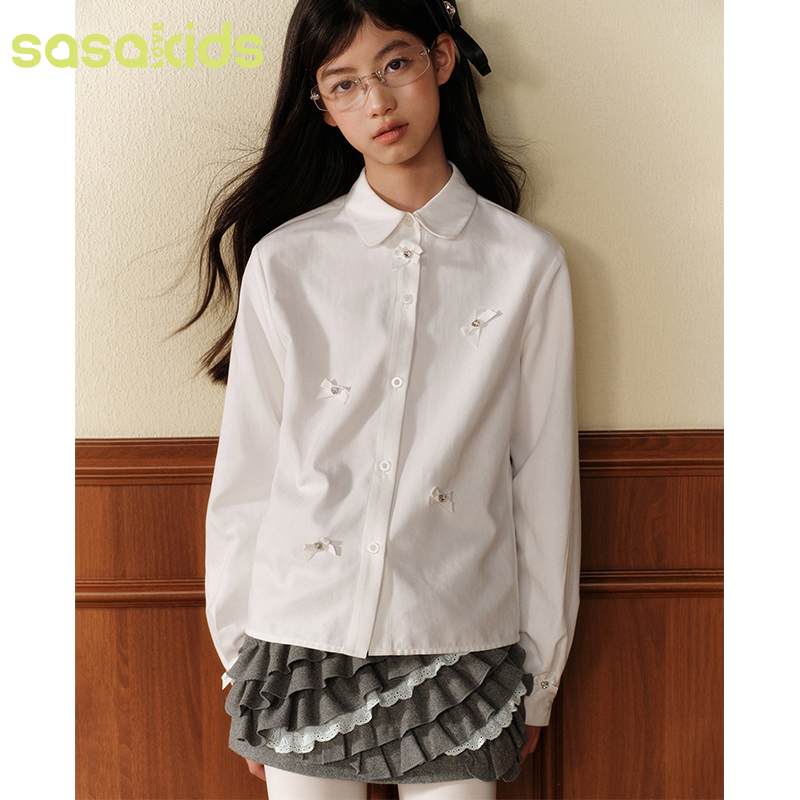 sasakids蝴蝶结乖巧娃娃领闪耀精致少女烫钻衬衫秋冬内搭叠搭女童