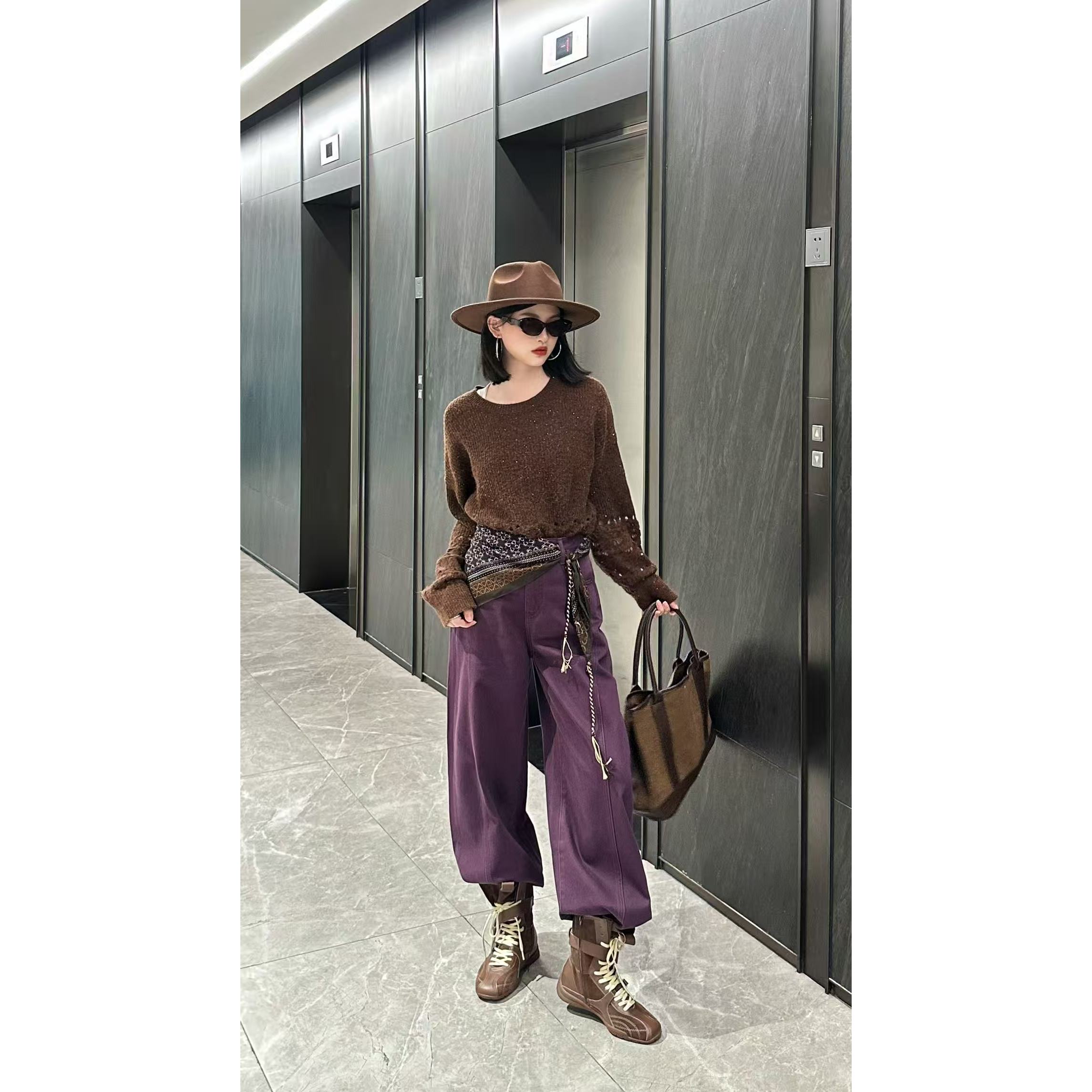 KiKi严选：35188-YER家南油欧货秋冬双面异色流苏丝巾阔腿裤休闲裤